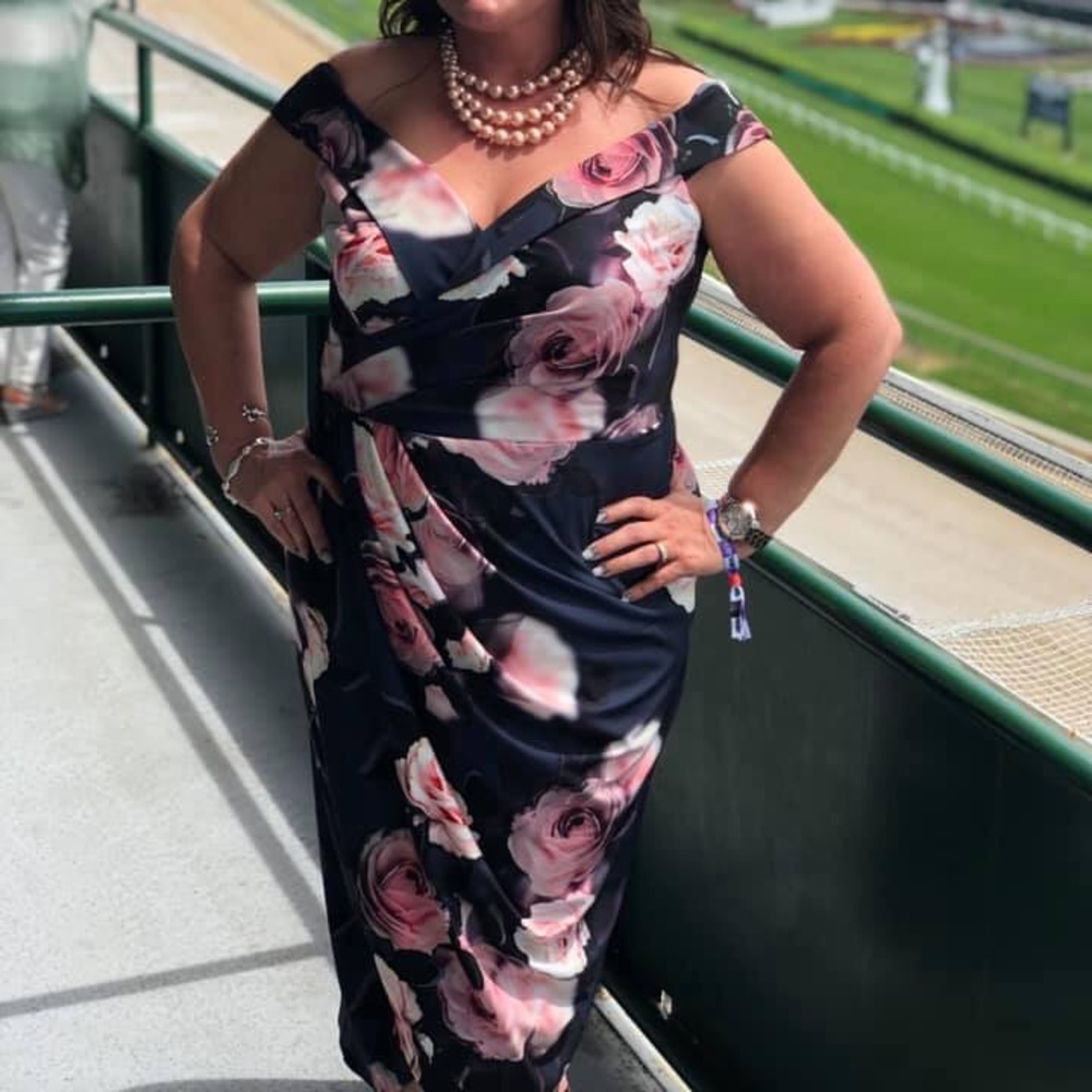 City Chic Evening Dress Grey & Blush Floral